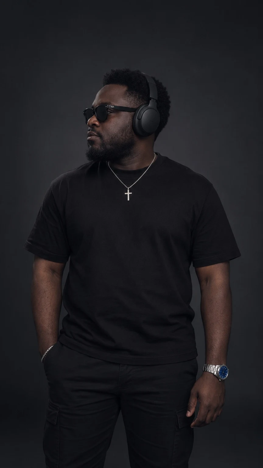 Zirah in a black outfit with headphones and sunglasses