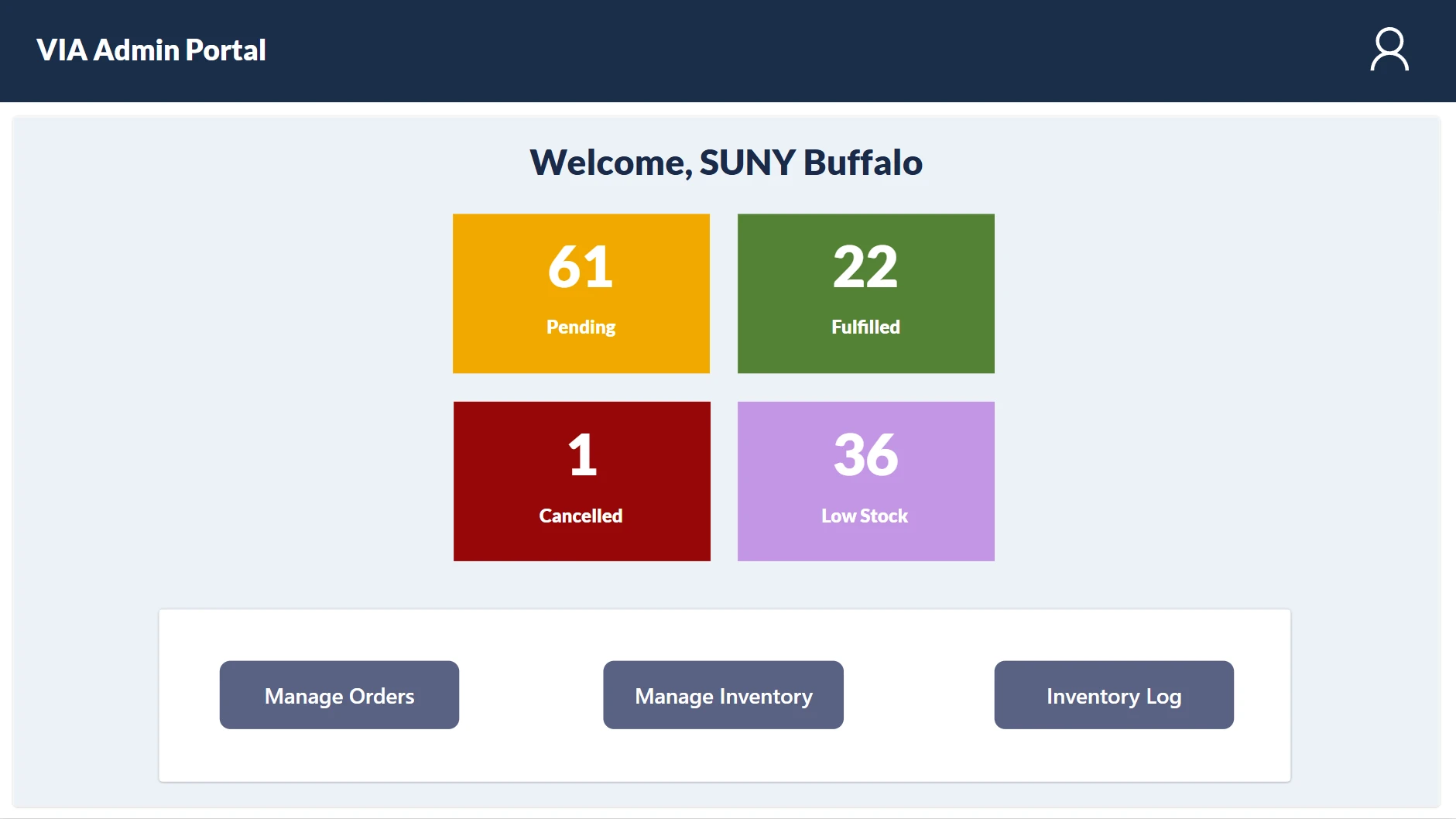 VIA Power Apps admin dashboard with order status and inventory navigation
